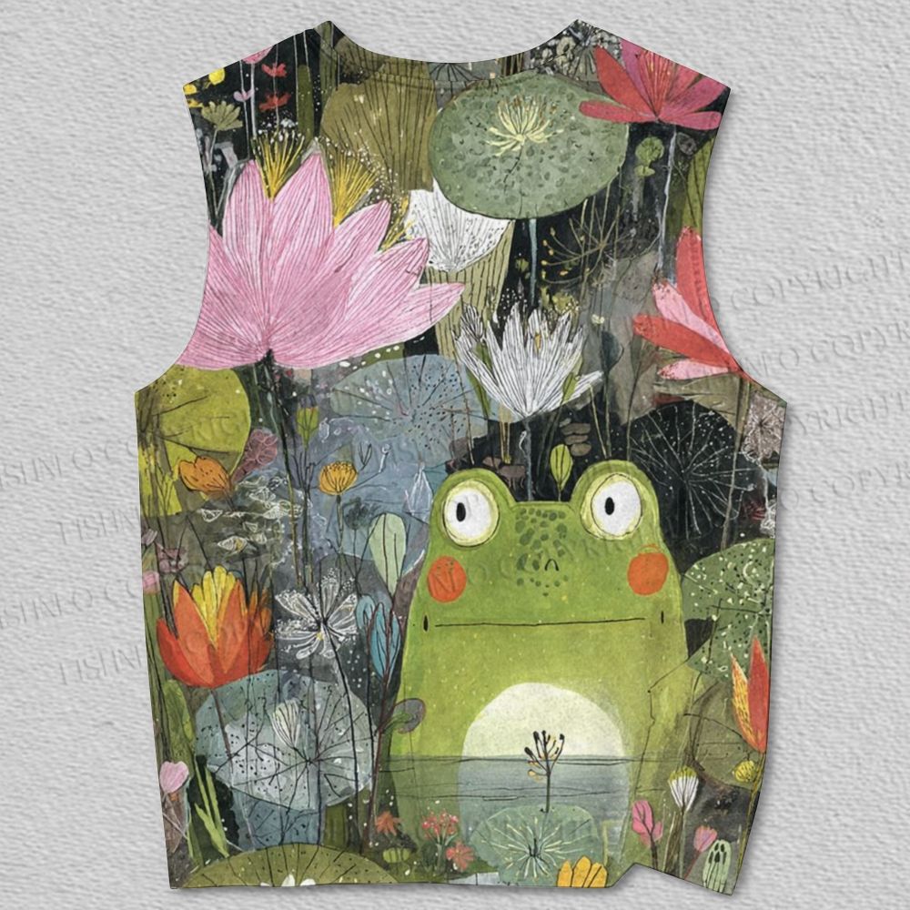 Unisex Cute Frog Lotus Pond Printed Tank Top
