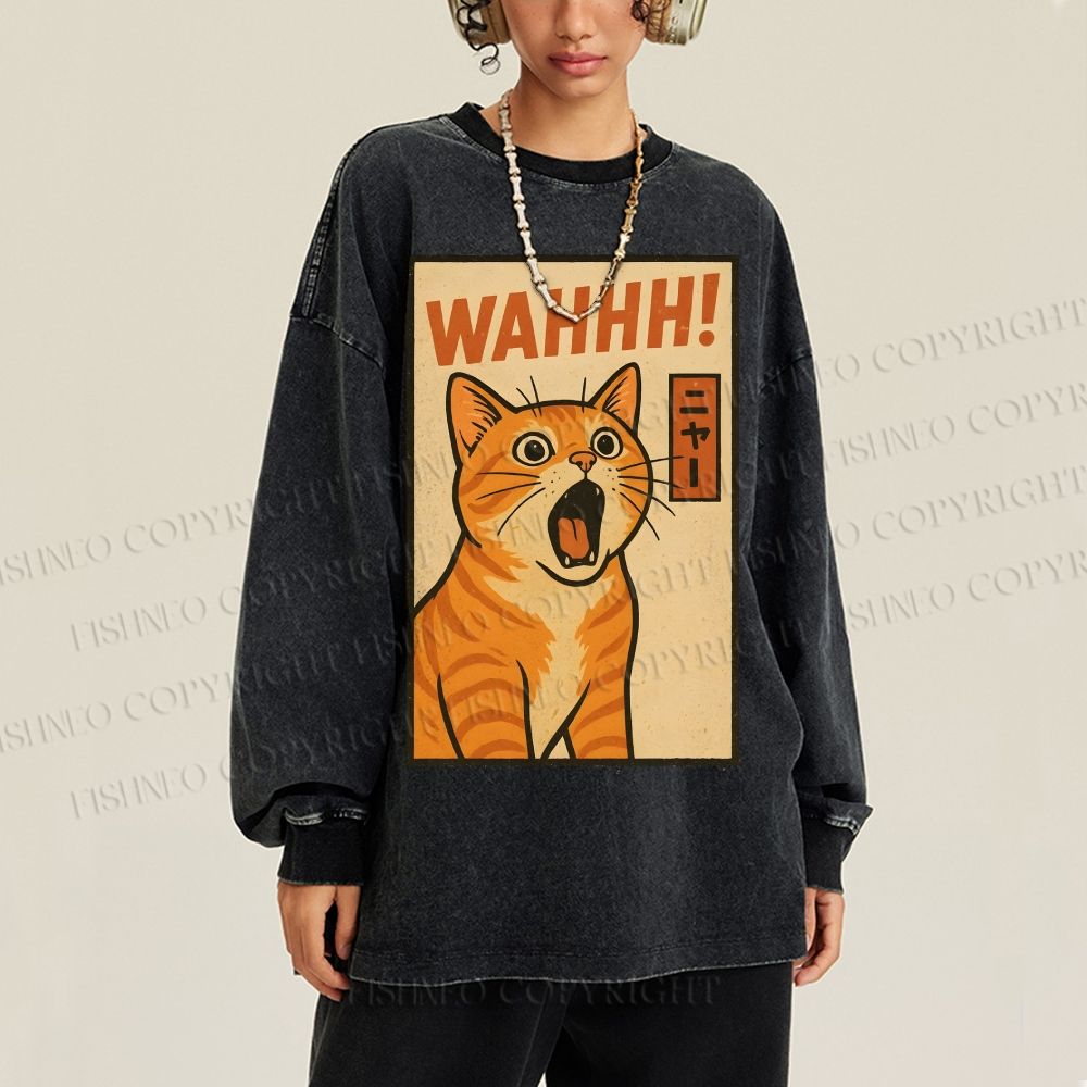 Unisex Casual Washed Wahhh Cat Printed Long Sleeve T-shirt