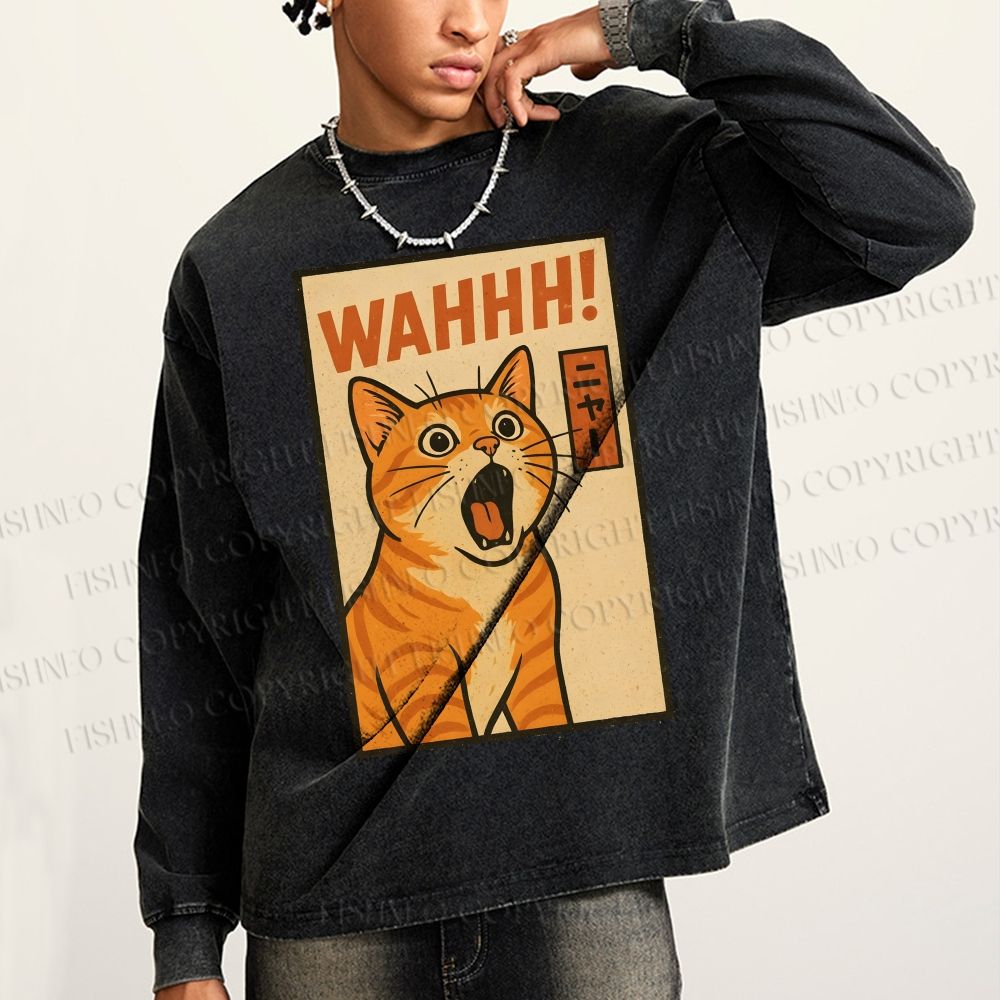 Unisex Casual Washed Wahhh Cat Printed Long Sleeve T-shirt