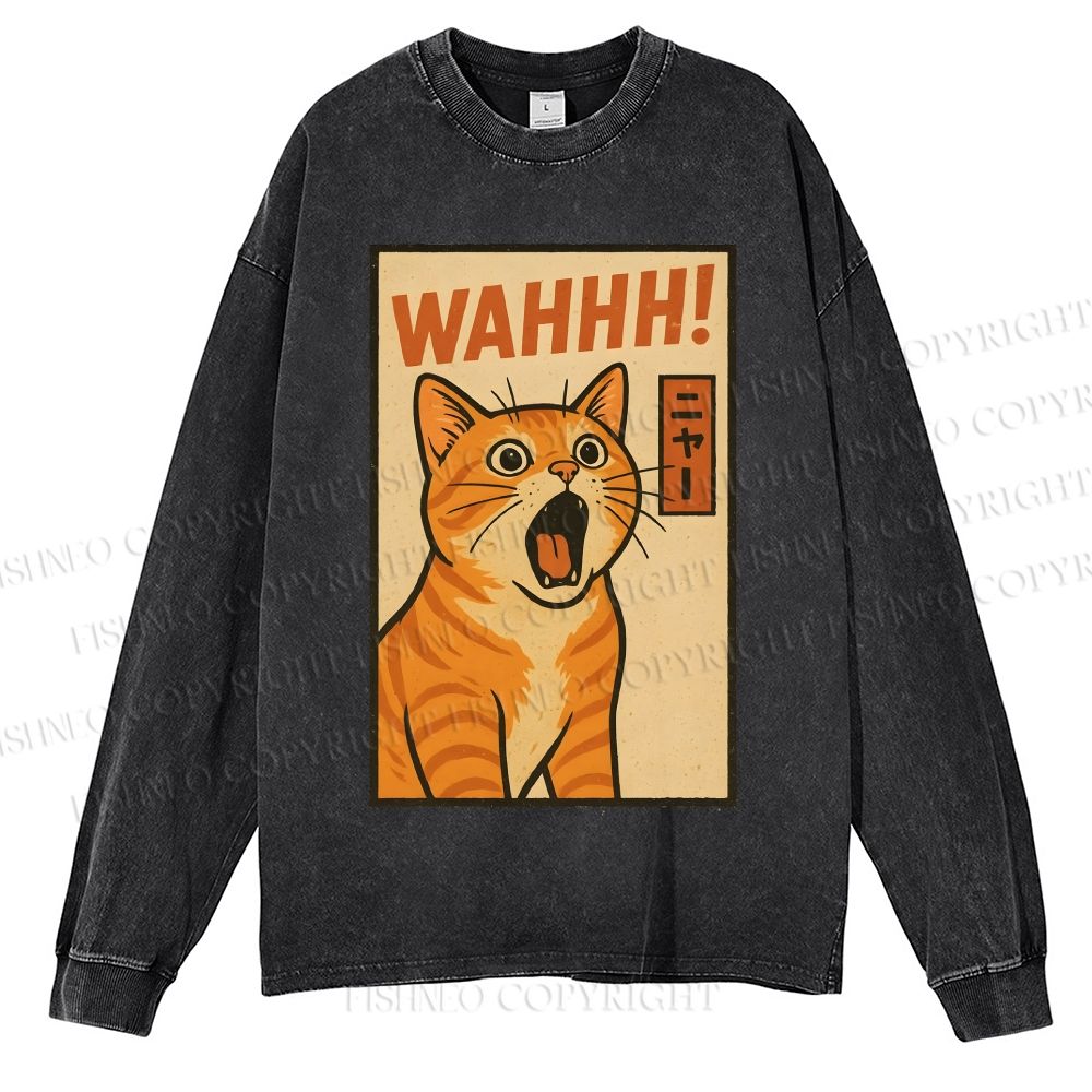 Unisex Casual Washed Wahhh Cat Printed Long Sleeve T-shirt