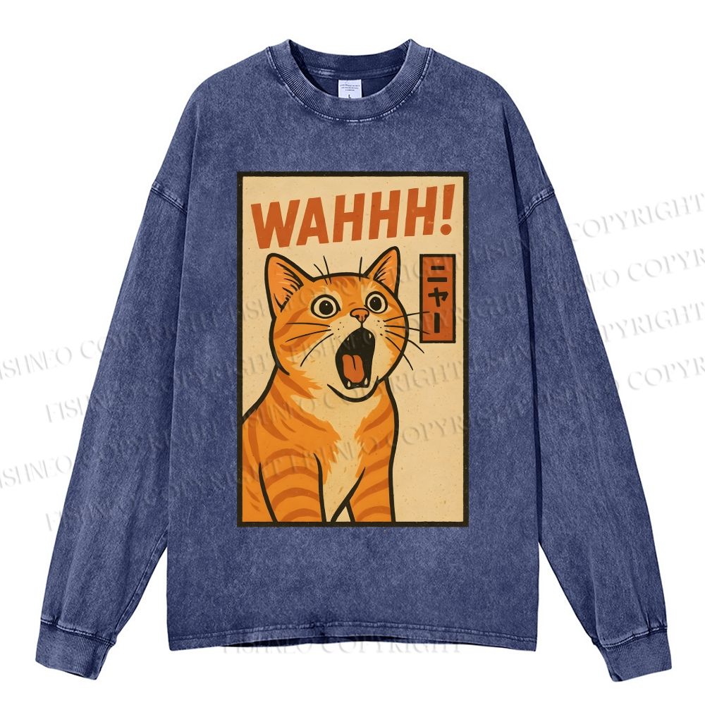 Unisex Casual Washed Wahhh Cat Printed Long Sleeve T-shirt