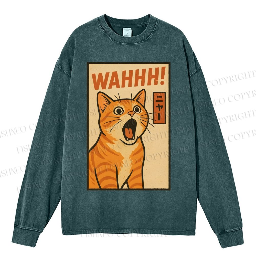 Unisex Casual Washed Wahhh Cat Printed Long Sleeve T-shirt