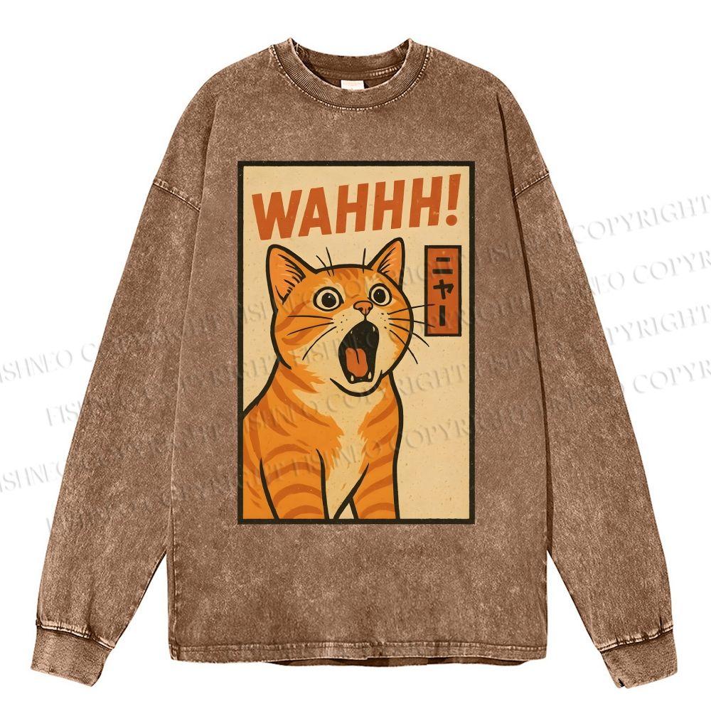 Unisex Casual Washed Wahhh Cat Printed Long Sleeve T-shirt