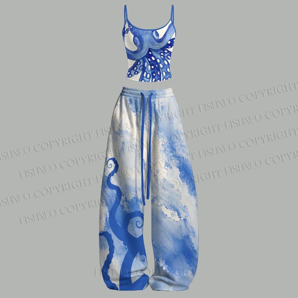 Blue Octopus Watercolor Smudge Top & Elasticated Trousers Two-Piece Set