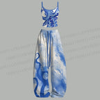 Blue Octopus Watercolor Smudge Top & Elasticated Trousers Two-Piece Set