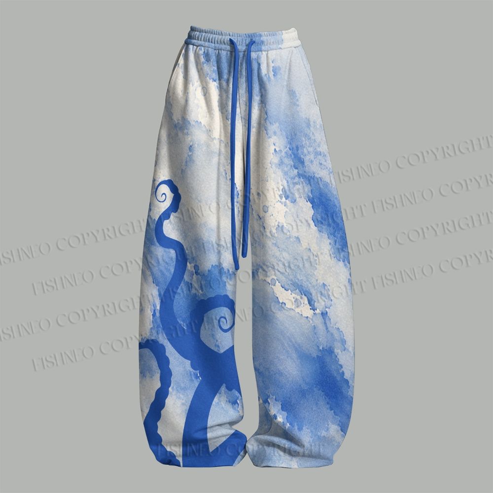 Blue Octopus Watercolor Smudge Top & Elasticated Trousers Two-Piece Set