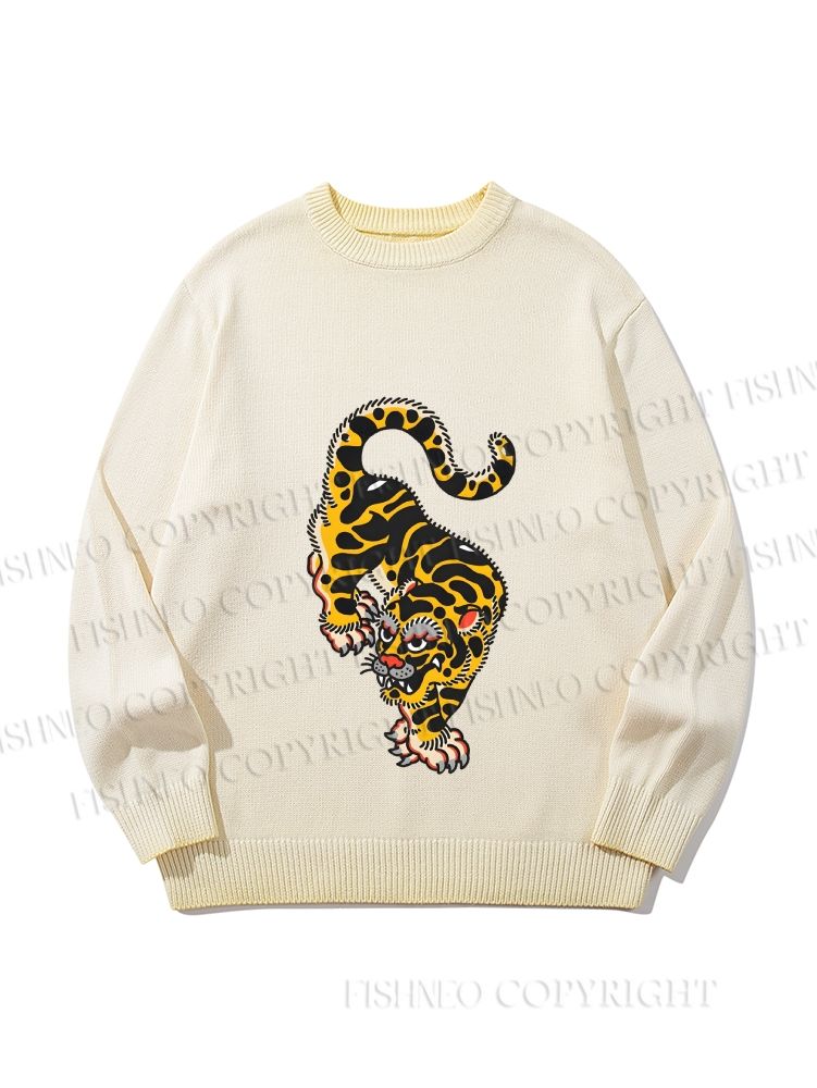 Unisex Vintage Old School Tattoo Tiger Gradient Casual sweater