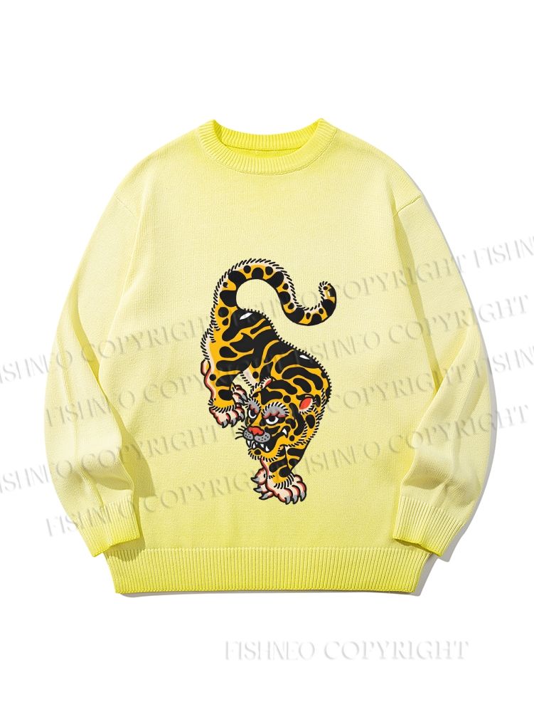 Unisex Vintage Old School Tattoo Tiger Gradient Casual sweater
