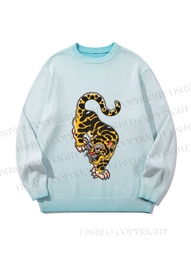 Unisex Vintage Old School Tattoo Tiger Gradient Casual sweater
