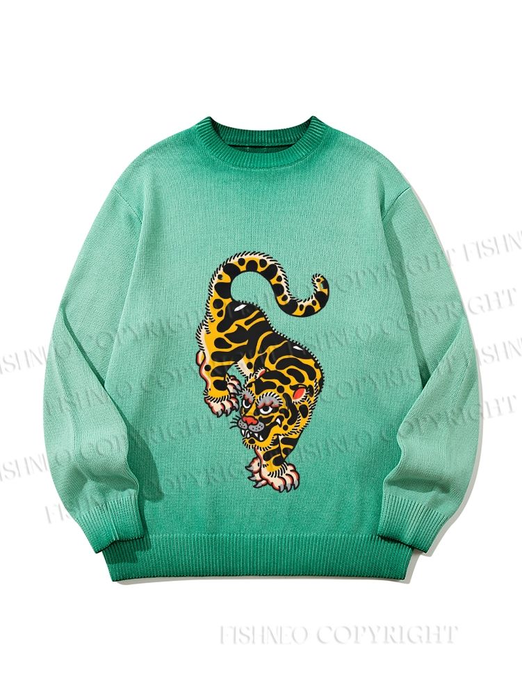 Unisex Vintage Old School Tattoo Tiger Gradient Casual sweater