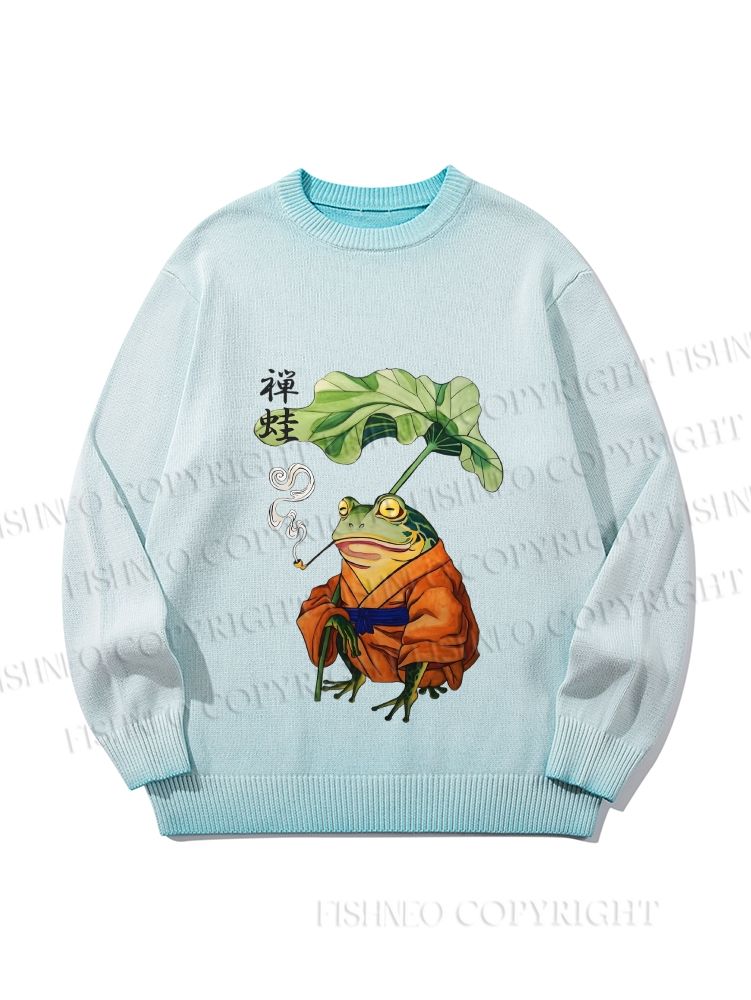 Unisex Japanese Vintage Frog Smoking Gradient Casual sweater