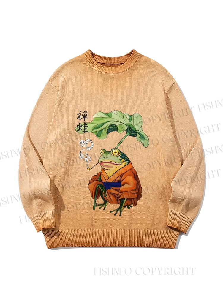 Unisex Japanese Vintage Frog Smoking Gradient Casual sweater