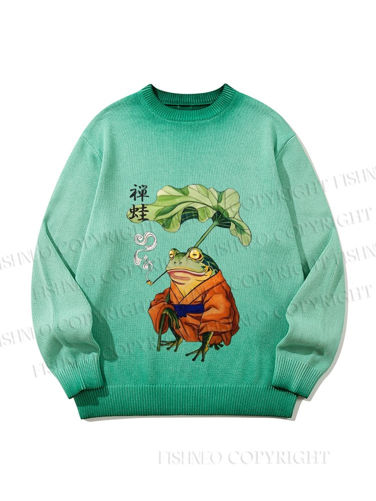 Unisex Japanese Vintage Frog Smoking Gradient Casual sweater