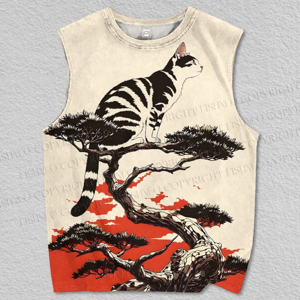 Unisex Vintage Cat on Tree Printed Tank Top