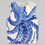 Unisex Blue Octopus Watercolor Smudge Printed Tank Top