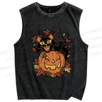 Unisex Halloween Black Cat Printed Washed Tank Top