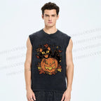 Unisex Halloween Black Cat Printed Washed Tank Top