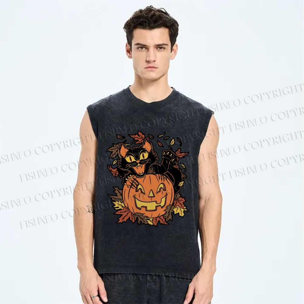 Unisex Halloween Black Cat Printed Washed Tank Top