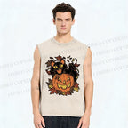 Unisex Halloween Black Cat Printed Washed Tank Top