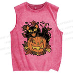Unisex Halloween Black Cat Printed Washed Tank Top