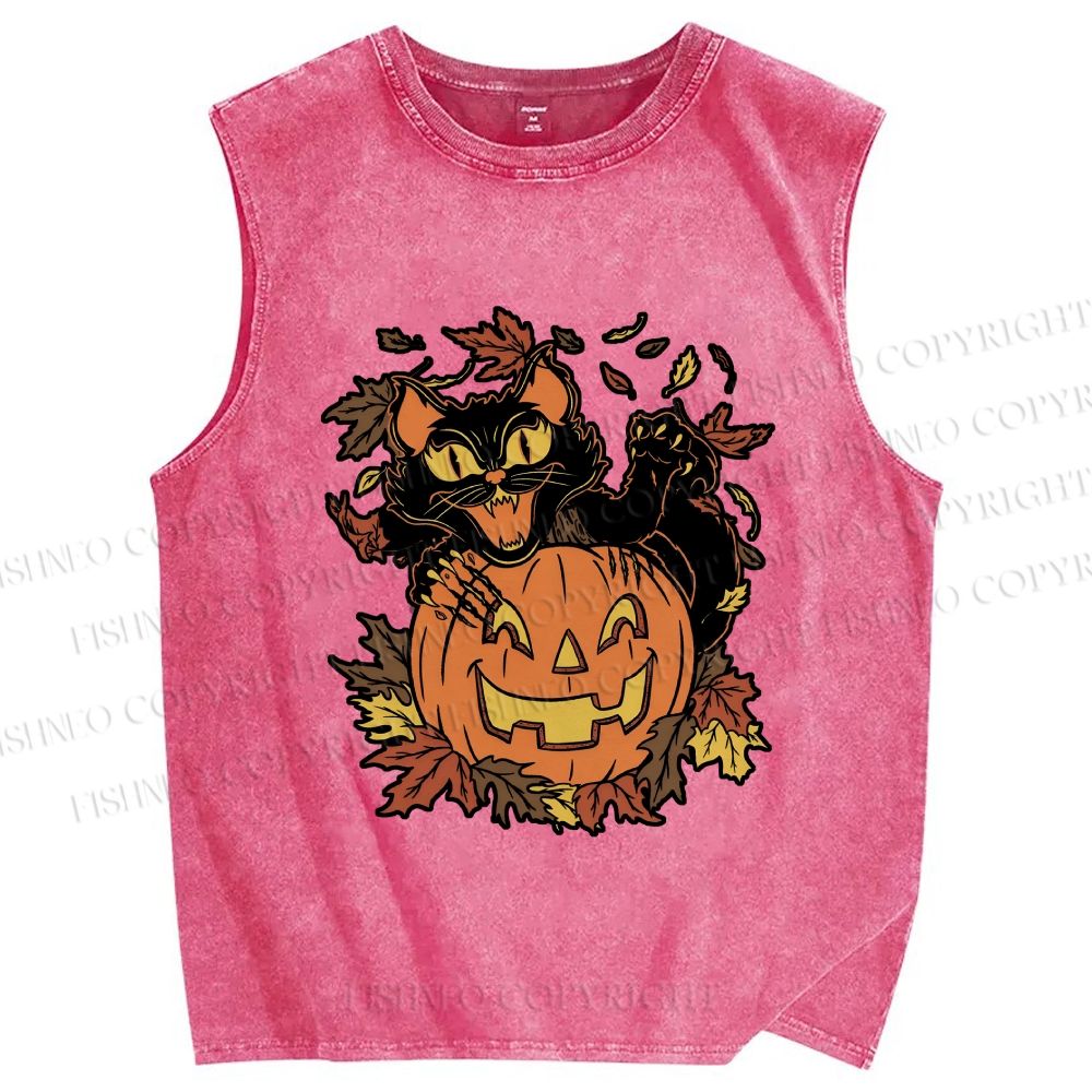 Unisex Halloween Black Cat Printed Washed Tank Top
