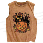 Unisex Halloween Black Cat Printed Washed Tank Top