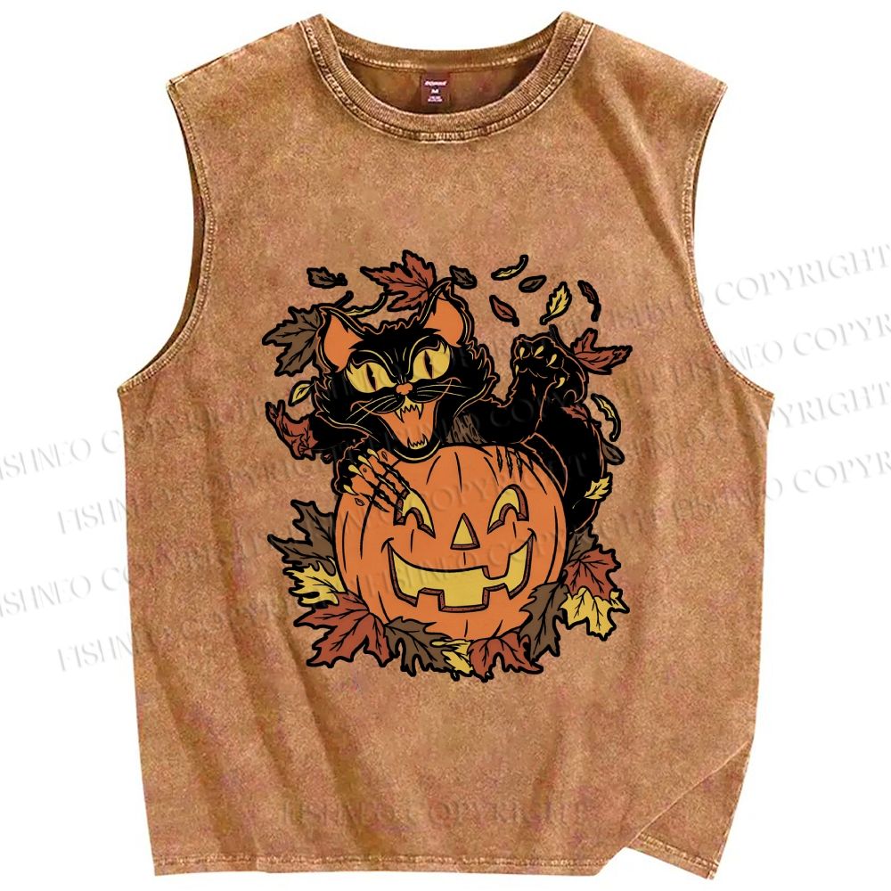 Unisex Halloween Black Cat Printed Washed Tank Top