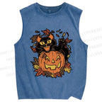 Unisex Halloween Black Cat Printed Washed Tank Top
