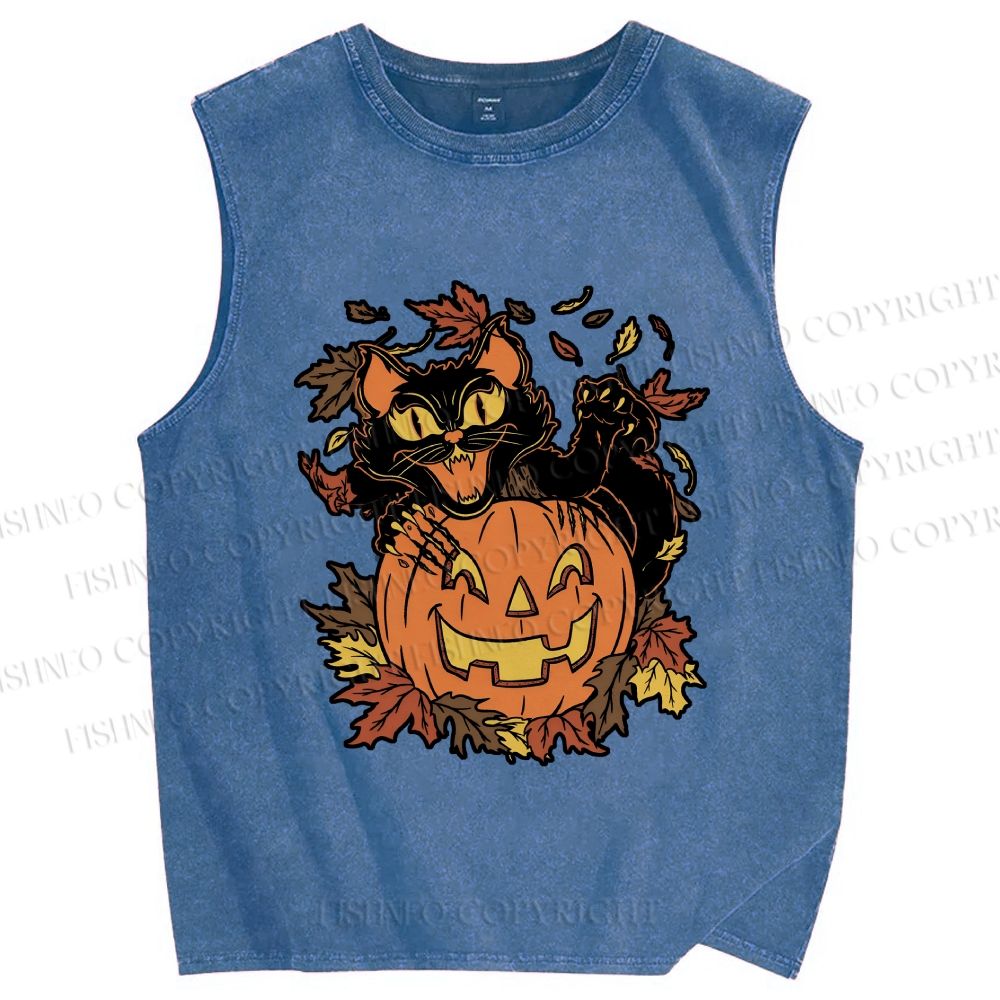 Unisex Halloween Black Cat Printed Washed Tank Top