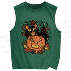 Unisex Halloween Black Cat Printed Washed Tank Top