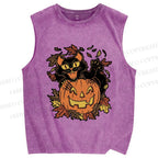 Unisex Halloween Black Cat Printed Washed Tank Top