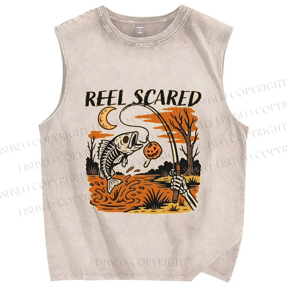 Unisex Reel Scared Fishing Halloween Printed Washed Tank Top