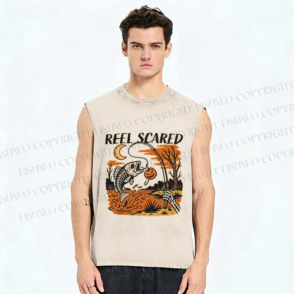 Unisex Reel Scared Fishing Halloween Printed Washed Tank Top