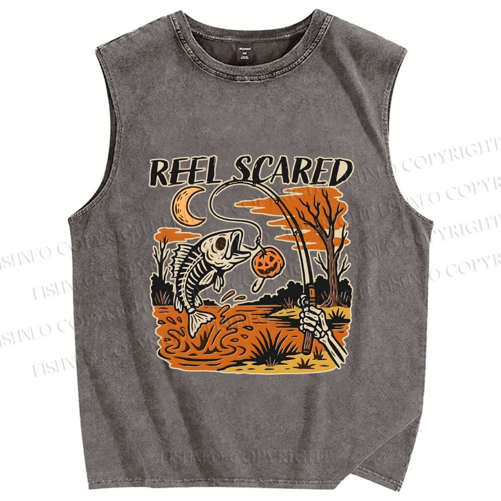 Unisex Reel Scared Fishing Halloween Printed Washed Tank Top