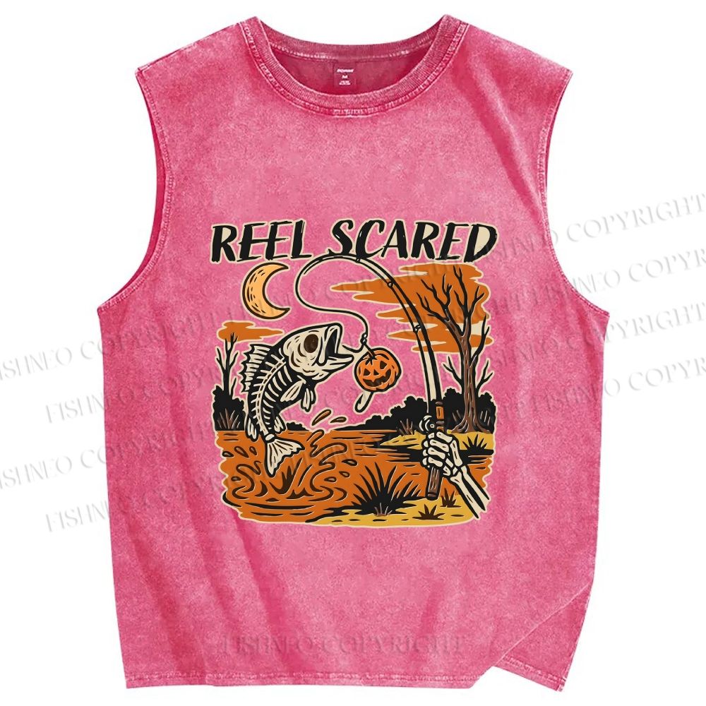 Unisex Reel Scared Fishing Halloween Printed Washed Tank Top