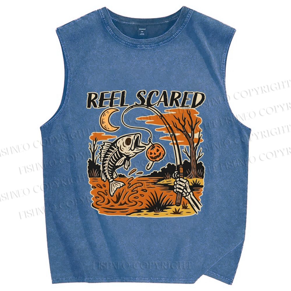Unisex Reel Scared Fishing Halloween Printed Washed Tank Top
