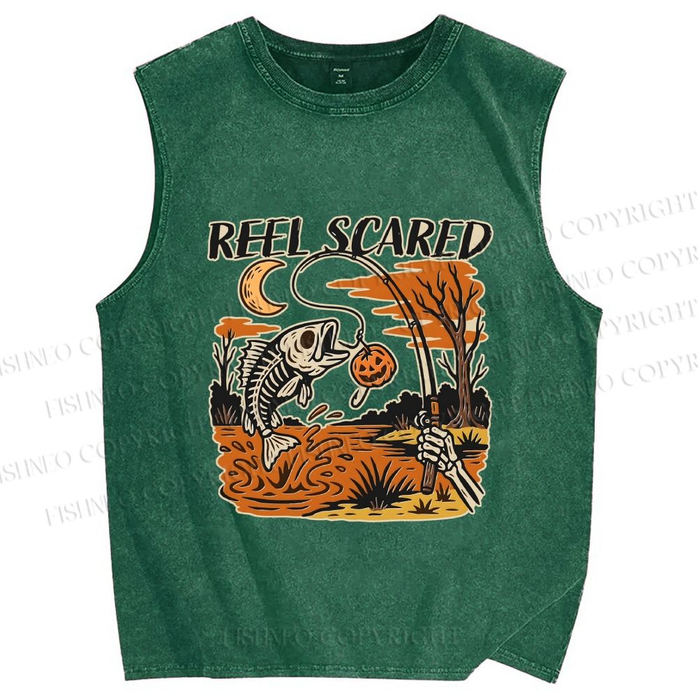 Unisex Reel Scared Fishing Halloween Printed Washed Tank Top