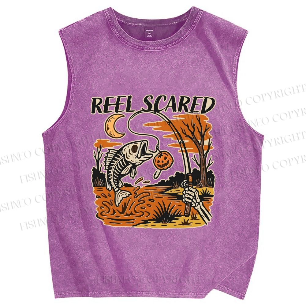 Unisex Reel Scared Fishing Halloween Printed Washed Tank Top