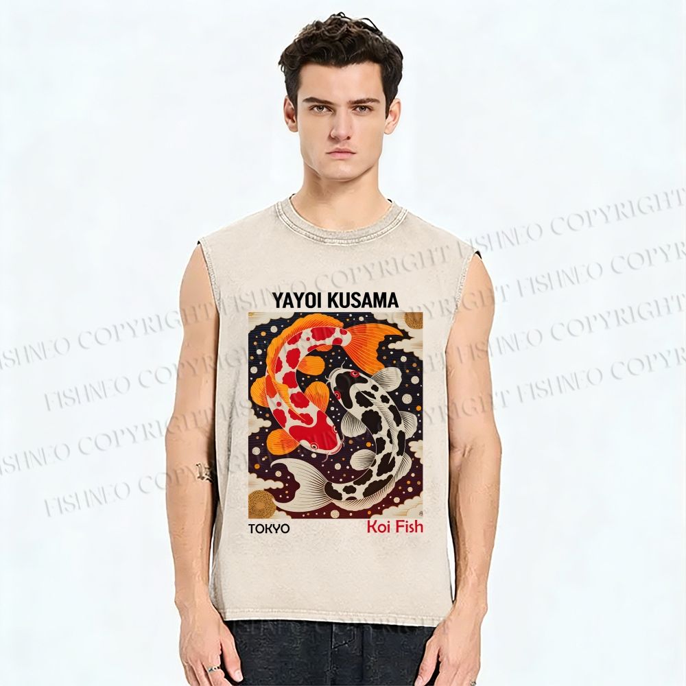 Unisex Yayoi Kusama Koi Fish Printed Washed Tank Top