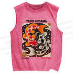 Unisex Yayoi Kusama Koi Fish Printed Washed Tank Top
