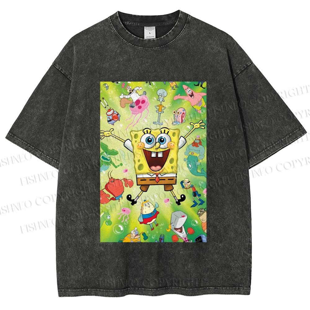 Unisex Spongebob Green Poster Printed Washed Tee