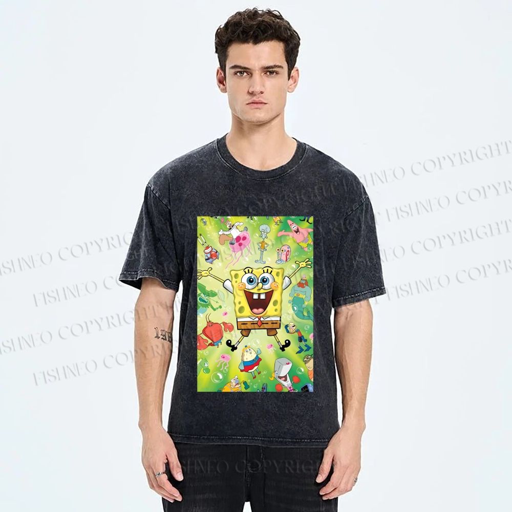 Unisex Spongebob Green Poster Printed Washed Tee