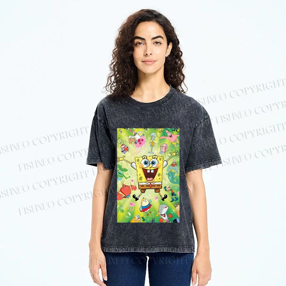 Unisex Spongebob Green Poster Printed Washed Tee