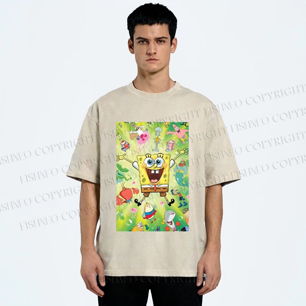 Unisex Spongebob Green Poster Printed Washed Tee