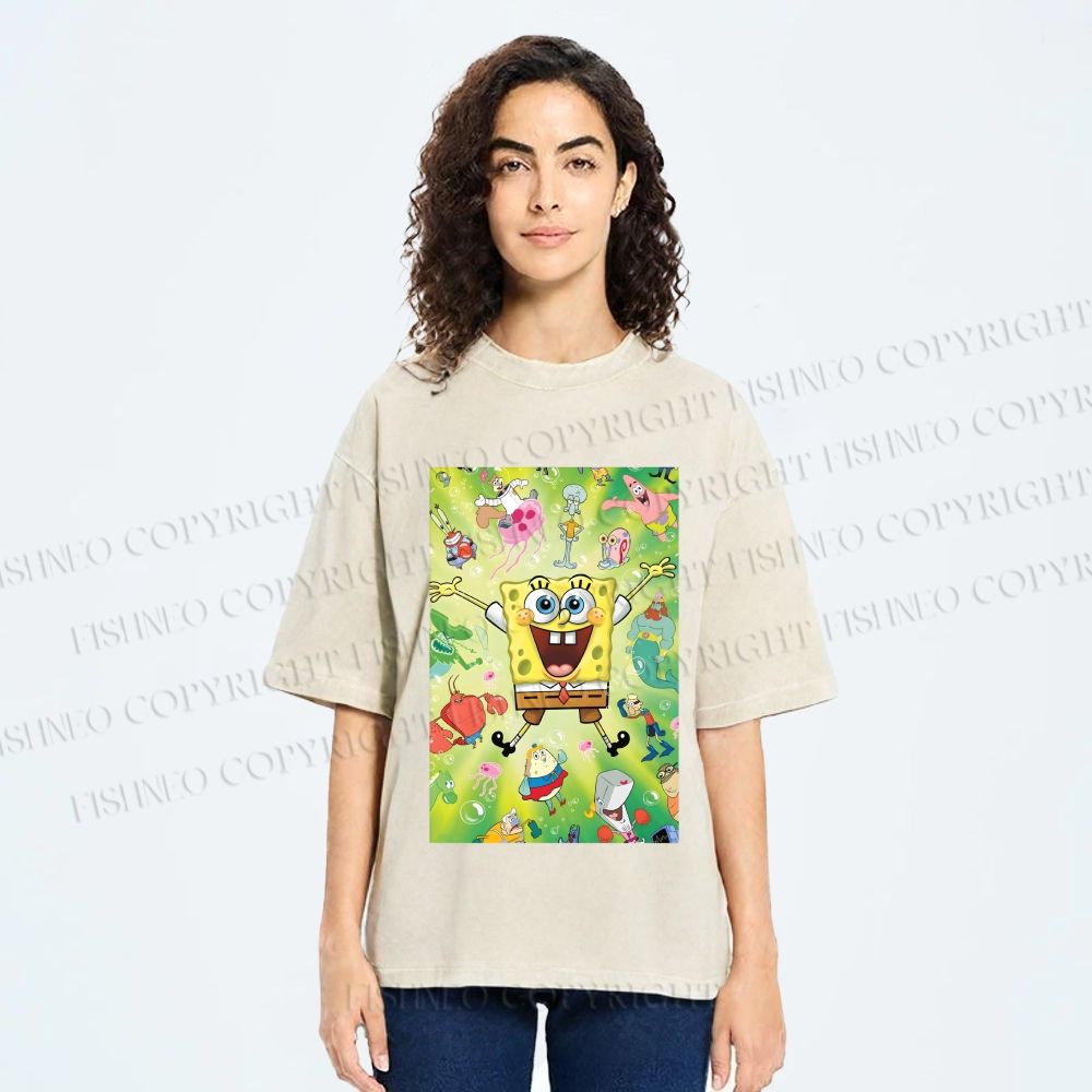 Unisex Spongebob Green Poster Printed Washed Tee