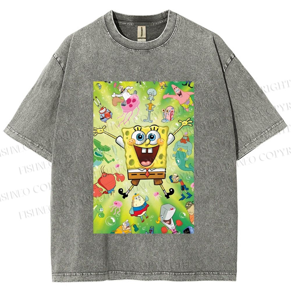 Unisex Spongebob Green Poster Printed Washed Tee