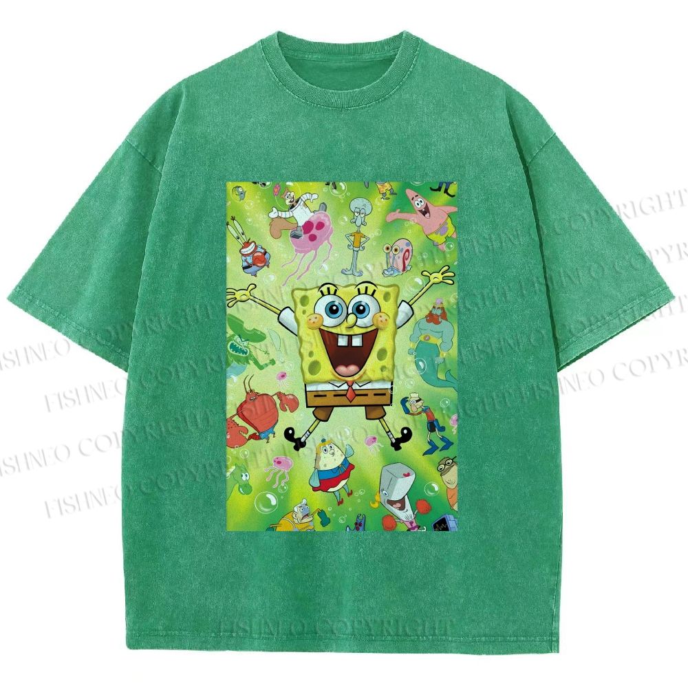 Unisex Spongebob Green Poster Printed Washed Tee