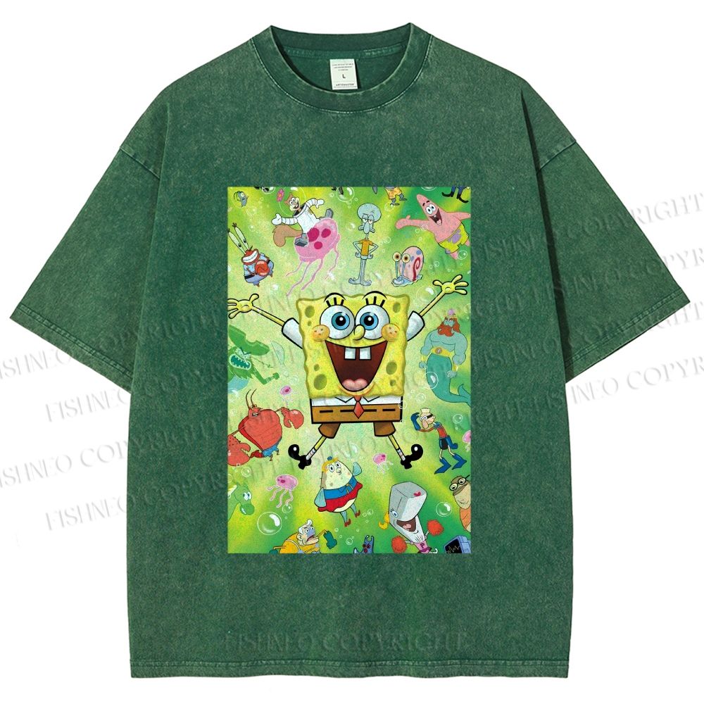 Unisex Spongebob Green Poster Printed Washed Tee