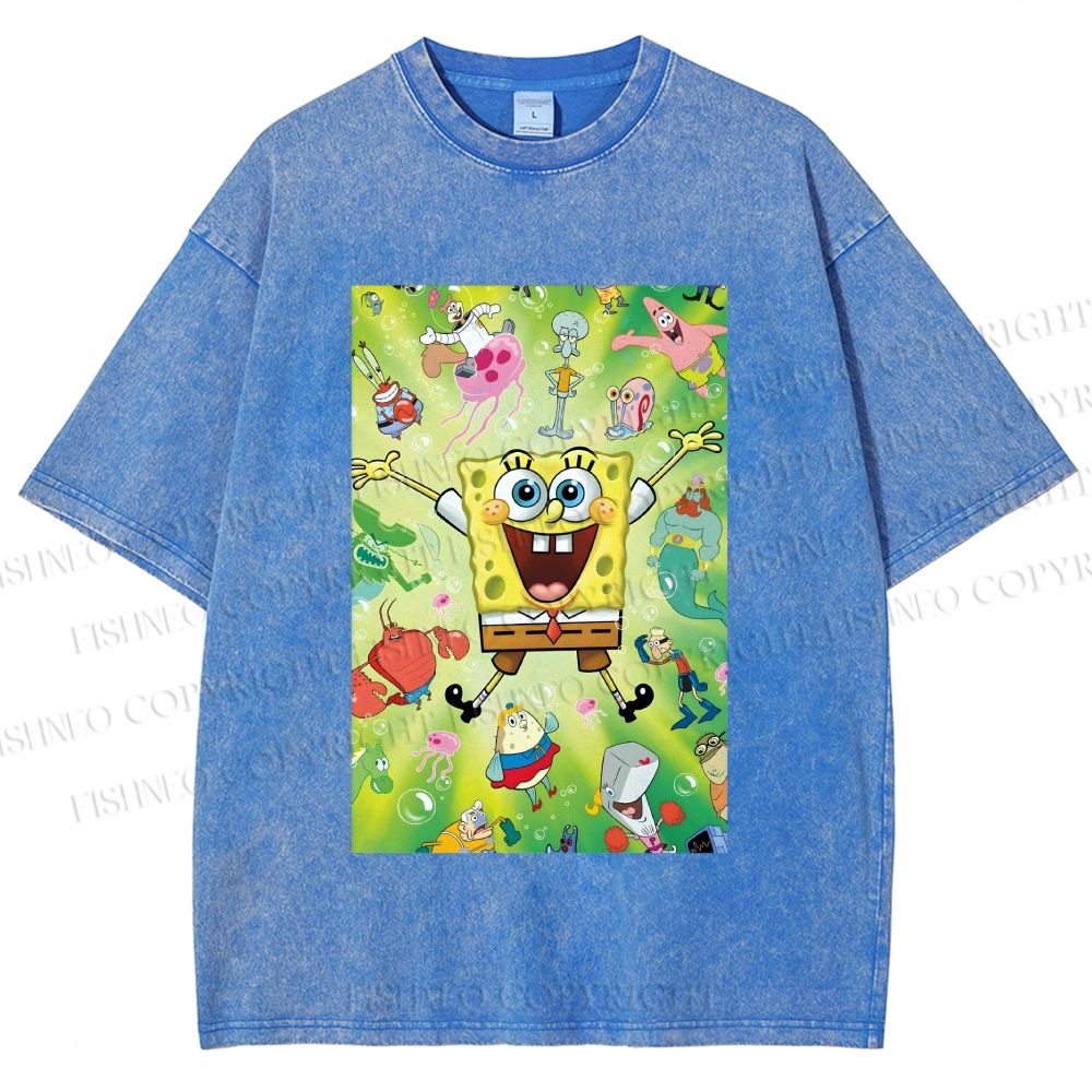 Unisex Spongebob Green Poster Printed Washed Tee