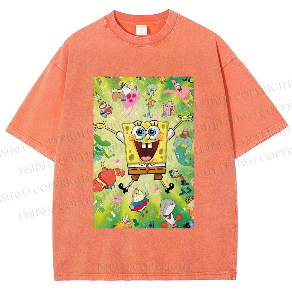 Unisex Spongebob Green Poster Printed Washed Tee